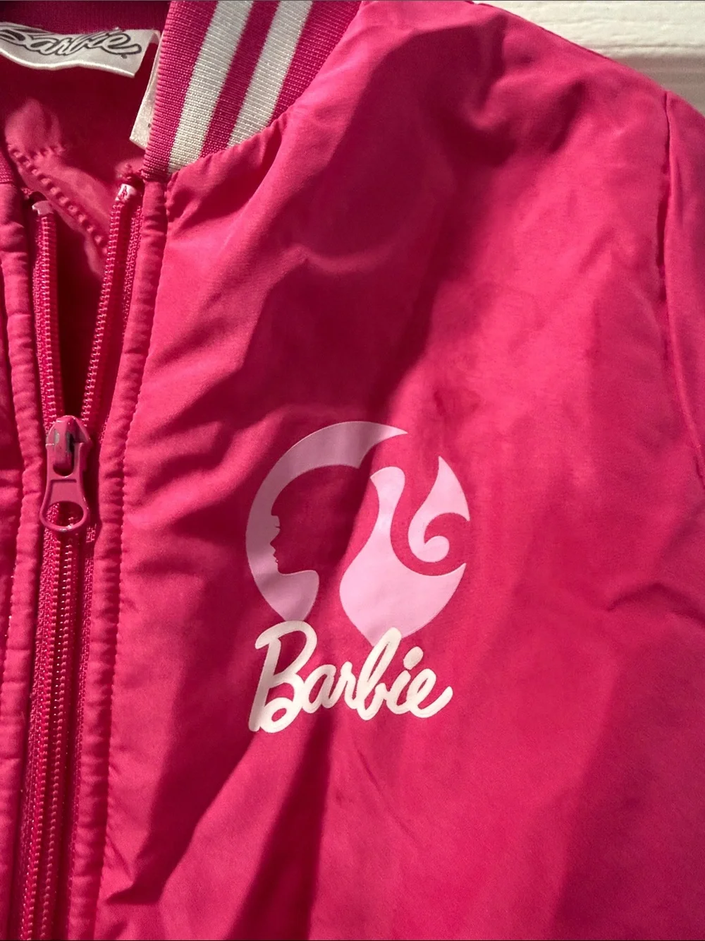 Barbie Hot Pink Kids Puffer Jacket with Striped Trim Size 4-5